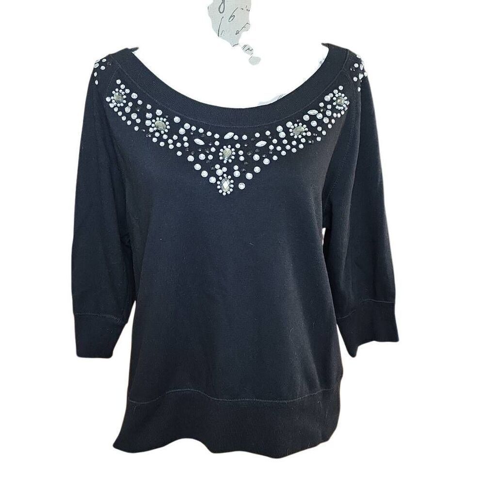 IJeans by Buffalo Women's Sz XL Black Rhinestone Neckline 3/4 Sleeve Sweatshirt